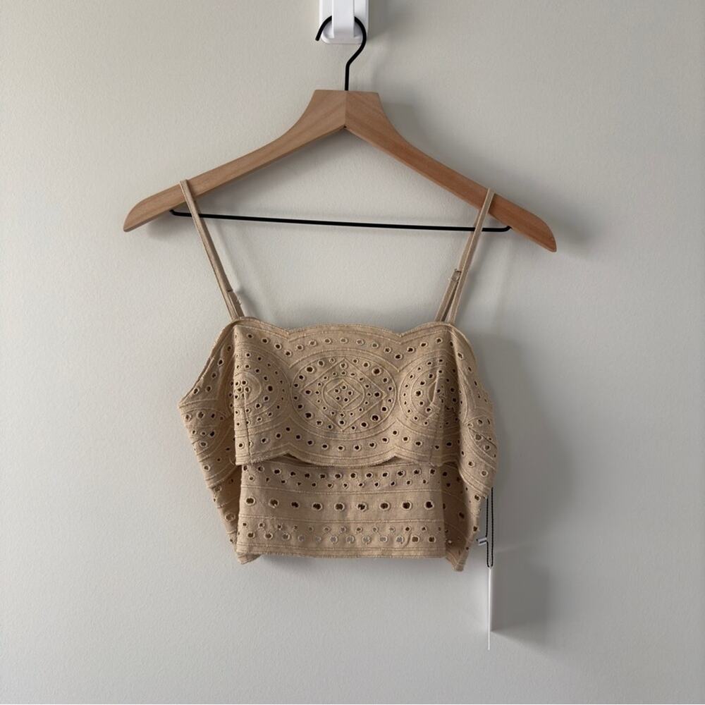 Jason Wu Linen Blend Eyelet Adjustable Spaghetti Strap Crop Top zip back tiered